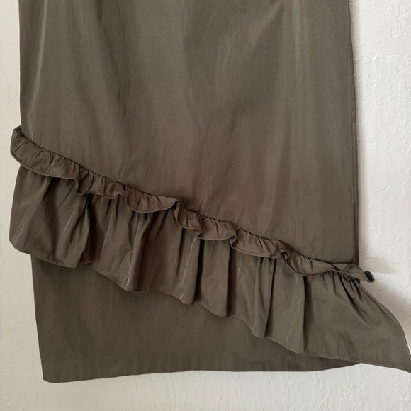 PINKO V-Neck Ruffle Olive Green Brown Sleeveless A-Line Dress Size 6 - Picture 14 of 16